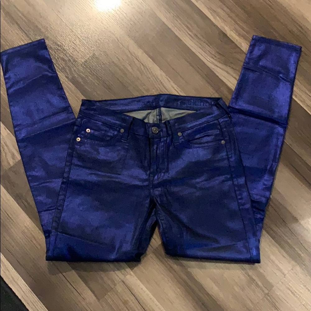 Blue shiny 7 For All Mankind jeans. The Skinny.